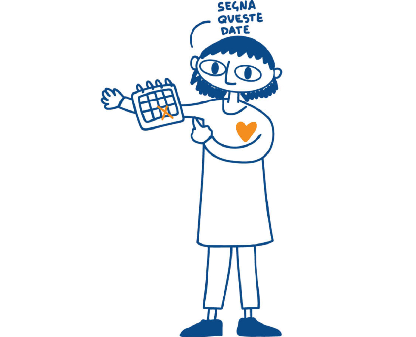 Illustrazione pagina 5x1000 Illustrazione stilizzata di una donna che dice "segna queste date", mentre mostra un piccolo calendario.