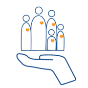 Illustrazione stilizzata di una mano che sorregge un gruppo di omini stilizzati, tutti hanno un cuore arancione.